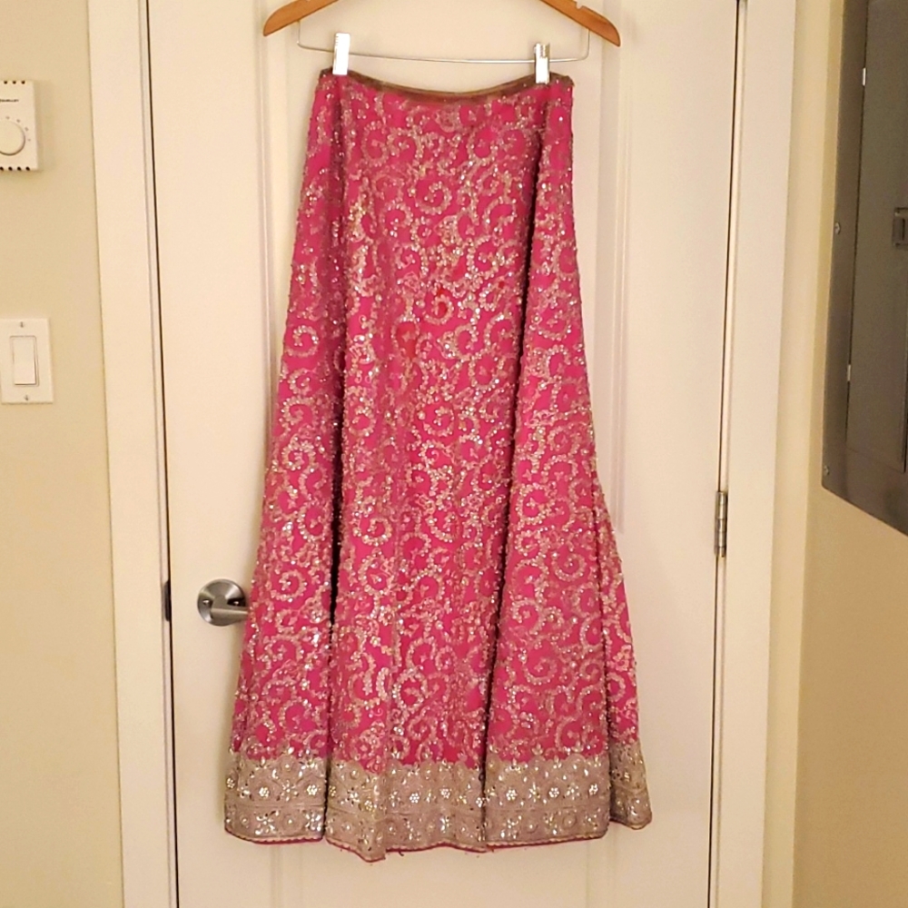 Indian Lengha bottom in bubble gum pink and silver embroidery & matching dupatta
